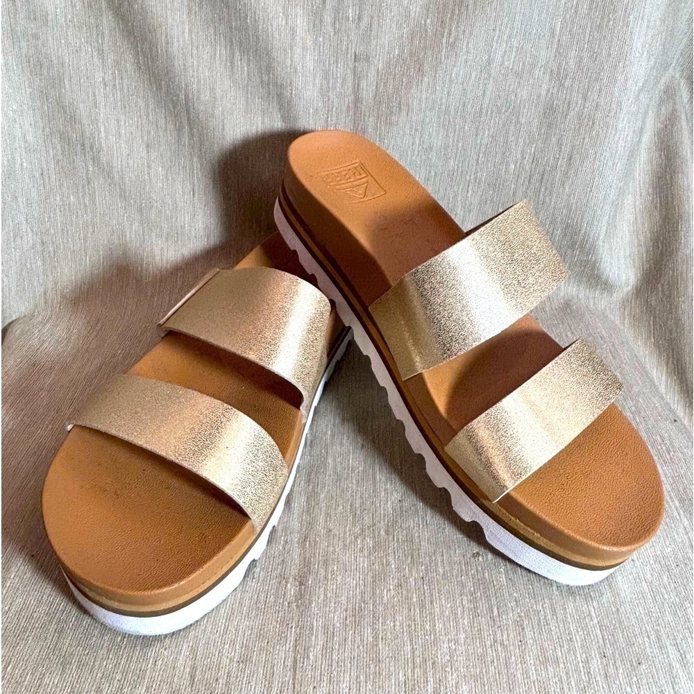 REEF Sz 10 Cushion Vista Hi Champagne Gold Double Strap Slip On Platform Sandals
